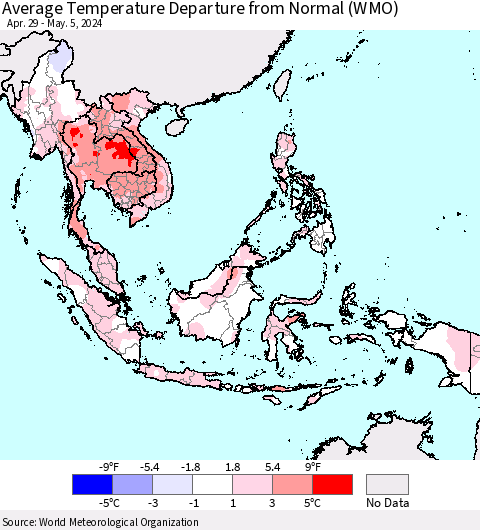 South East Asia Average Temperature Departure from Normal (WMO) Thematic Map For 4/29/2024 - 5/5/2024