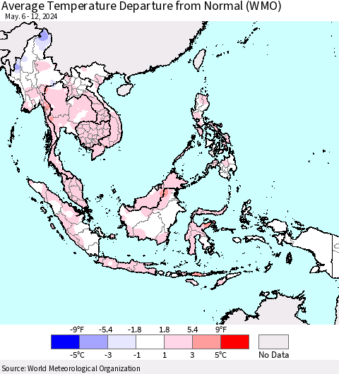 South East Asia Average Temperature Departure from Normal (WMO) Thematic Map For 5/6/2024 - 5/12/2024