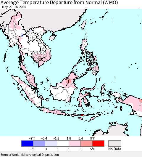 South East Asia Average Temperature Departure from Normal (WMO) Thematic Map For 5/20/2024 - 5/26/2024