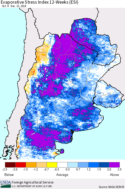 Southern South America Evaporative Stress Index (ESI), 12-Weeks Thematic Map For 12/31/2018 - 1/6/2019
