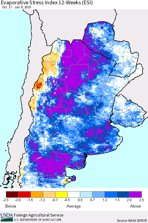 Southern South America Evaporative Stress Index (ESI), 12-Weeks Thematic Map For 1/7/2019 - 1/13/2019