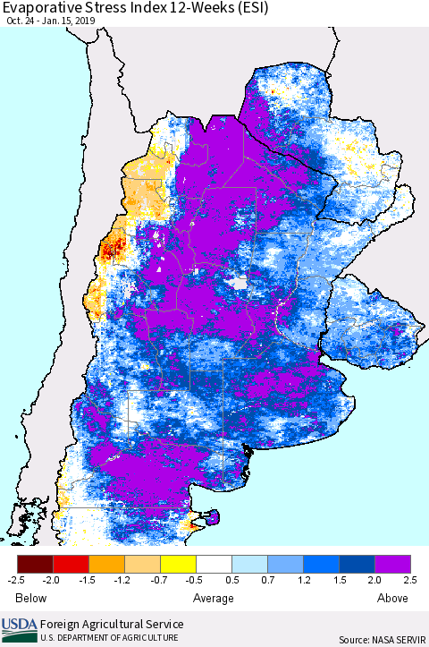 Southern South America Evaporative Stress Index (ESI), 12-Weeks Thematic Map For 1/14/2019 - 1/20/2019