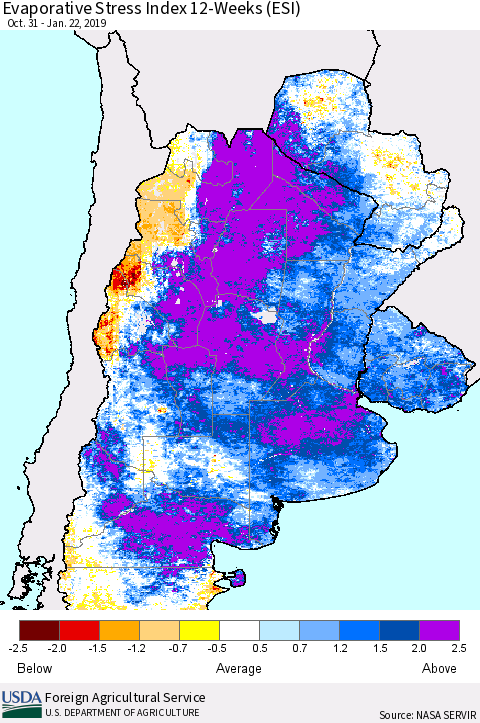 Southern South America Evaporative Stress Index (ESI), 12-Weeks Thematic Map For 1/21/2019 - 1/27/2019