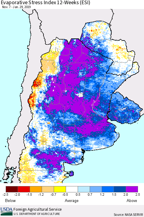 Southern South America Evaporative Stress Index (ESI), 12-Weeks Thematic Map For 1/28/2019 - 2/3/2019