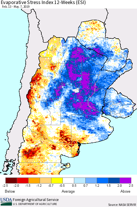 Southern South America Evaporative Stress Index (ESI), 12-Weeks Thematic Map For 5/6/2019 - 5/12/2019