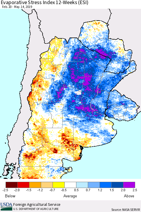 Southern South America Evaporative Stress Index (ESI), 12-Weeks Thematic Map For 5/13/2019 - 5/19/2019