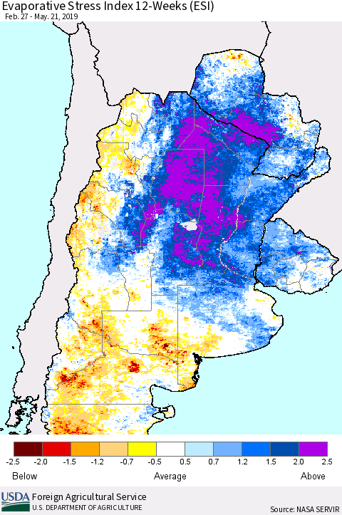 Southern South America Evaporative Stress Index (ESI), 12-Weeks Thematic Map For 5/20/2019 - 5/26/2019