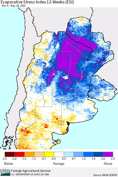 Southern South America Evaporative Stress Index (ESI), 12-Weeks Thematic Map For 5/27/2019 - 6/2/2019