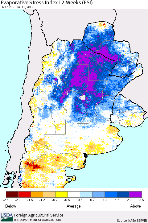 Southern South America Evaporative Stress Index (ESI), 12-Weeks Thematic Map For 6/10/2019 - 6/16/2019