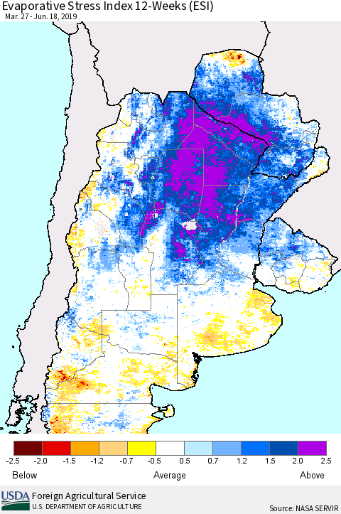 Southern South America Evaporative Stress Index (ESI), 12-Weeks Thematic Map For 6/17/2019 - 6/23/2019