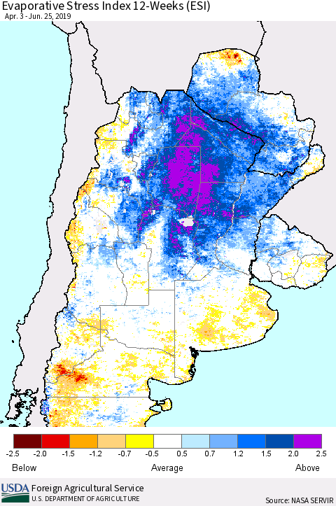Southern South America Evaporative Stress Index (ESI), 12-Weeks Thematic Map For 6/24/2019 - 6/30/2019