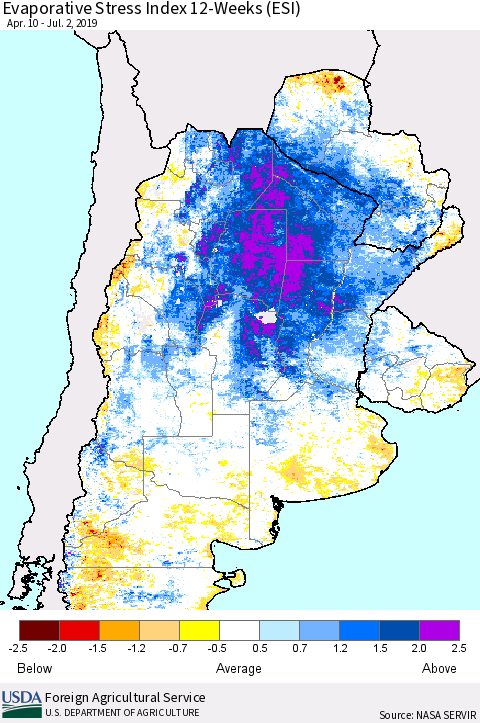 Southern South America Evaporative Stress Index (ESI), 12-Weeks Thematic Map For 7/1/2019 - 7/7/2019