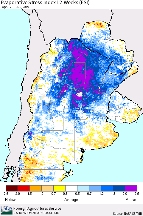 Southern South America Evaporative Stress Index (ESI), 12-Weeks Thematic Map For 7/8/2019 - 7/14/2019