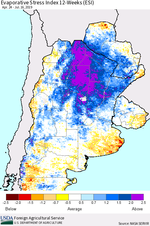 Southern South America Evaporative Stress Index (ESI), 12-Weeks Thematic Map For 7/15/2019 - 7/21/2019
