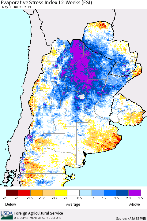 Southern South America Evaporative Stress Index (ESI), 12-Weeks Thematic Map For 7/22/2019 - 7/28/2019