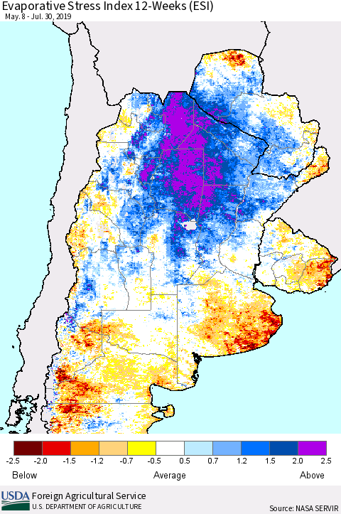 Southern South America Evaporative Stress Index (ESI), 12-Weeks Thematic Map For 7/29/2019 - 8/4/2019