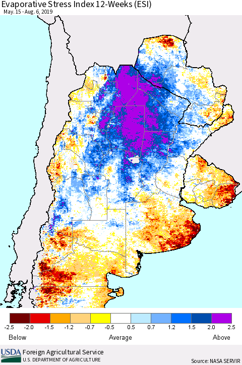 Southern South America Evaporative Stress Index (ESI), 12-Weeks Thematic Map For 8/5/2019 - 8/11/2019