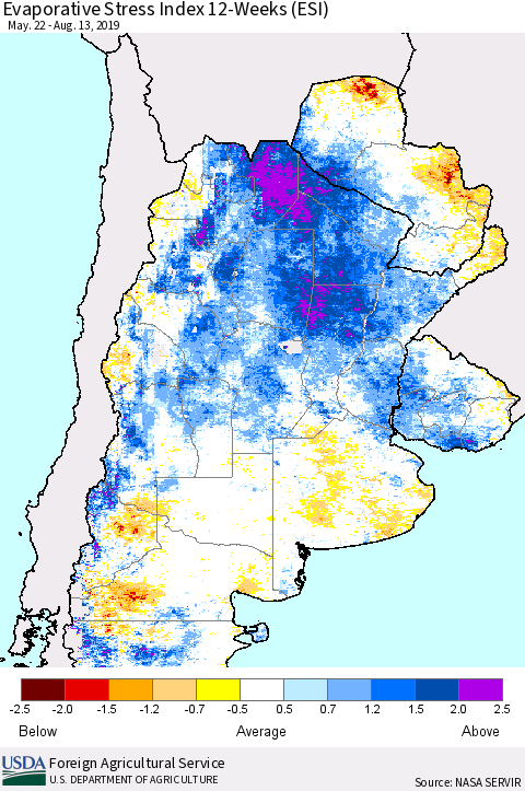 Southern South America Evaporative Stress Index (ESI), 12-Weeks Thematic Map For 8/12/2019 - 8/18/2019