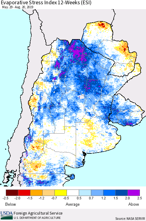 Southern South America Evaporative Stress Index (ESI), 12-Weeks Thematic Map For 8/19/2019 - 8/25/2019