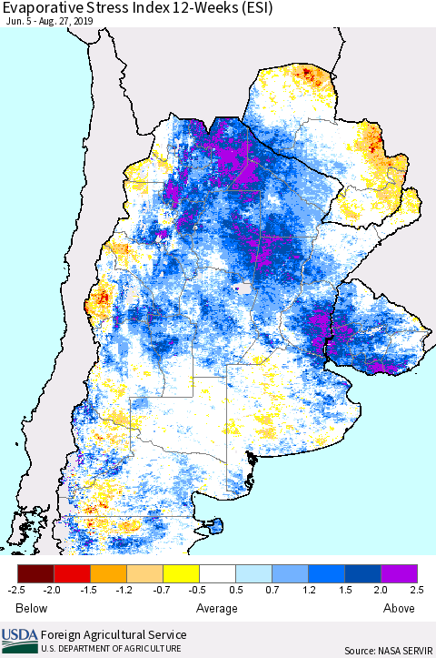 Southern South America Evaporative Stress Index (ESI), 12-Weeks Thematic Map For 8/26/2019 - 9/1/2019