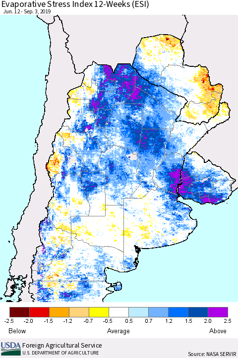 Southern South America Evaporative Stress Index (ESI), 12-Weeks Thematic Map For 9/2/2019 - 9/8/2019