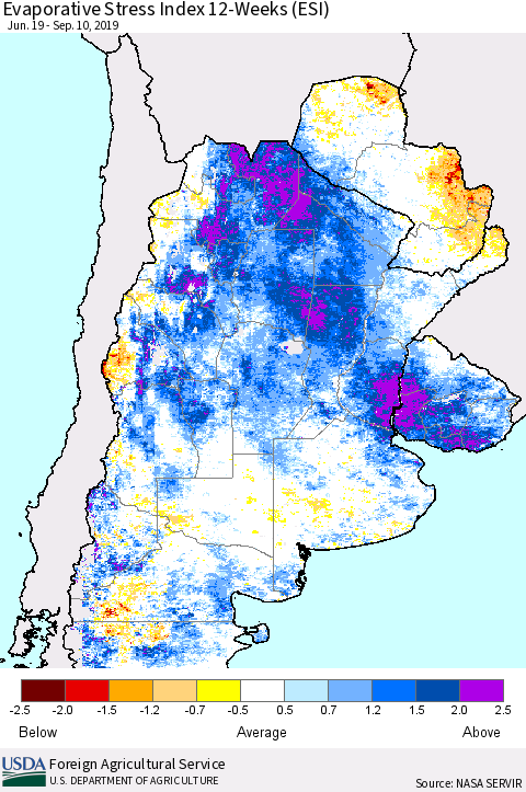 Southern South America Evaporative Stress Index (ESI), 12-Weeks Thematic Map For 9/9/2019 - 9/15/2019