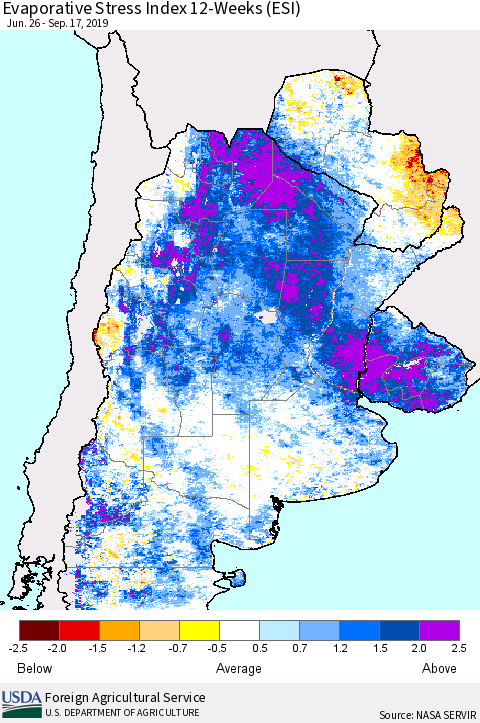 Southern South America Evaporative Stress Index (ESI), 12-Weeks Thematic Map For 9/16/2019 - 9/22/2019
