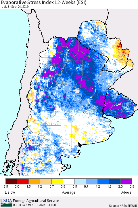 Southern South America Evaporative Stress Index (ESI), 12-Weeks Thematic Map For 9/23/2019 - 9/29/2019