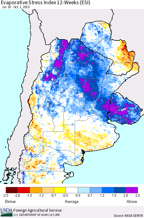 Southern South America Evaporative Stress Index (ESI), 12-Weeks Thematic Map For 9/30/2019 - 10/6/2019