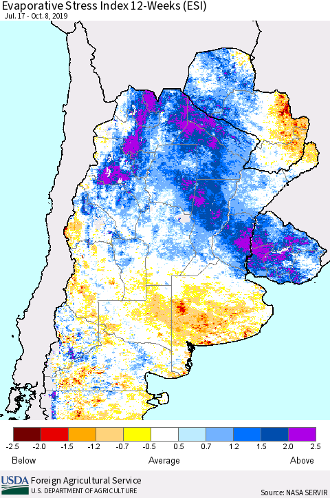 Southern South America Evaporative Stress Index (ESI), 12-Weeks Thematic Map For 10/7/2019 - 10/13/2019