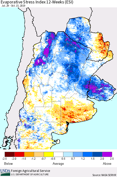 Southern South America Evaporative Stress Index (ESI), 12-Weeks Thematic Map For 10/14/2019 - 10/20/2019