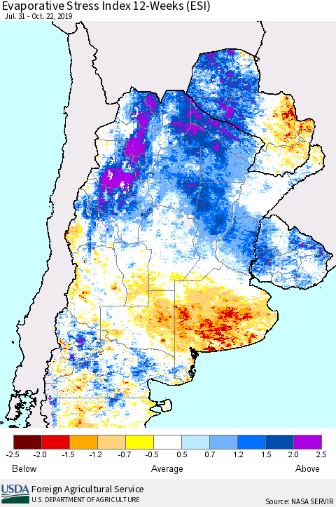 Southern South America Evaporative Stress Index (ESI), 12-Weeks Thematic Map For 10/21/2019 - 10/27/2019