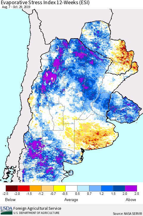 Southern South America Evaporative Stress Index (ESI), 12-Weeks Thematic Map For 10/28/2019 - 11/3/2019