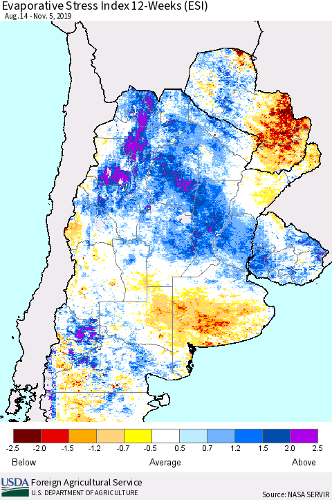 Southern South America Evaporative Stress Index (ESI), 12-Weeks Thematic Map For 11/4/2019 - 11/10/2019