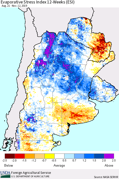 Southern South America Evaporative Stress Index (ESI), 12-Weeks Thematic Map For 11/11/2019 - 11/17/2019