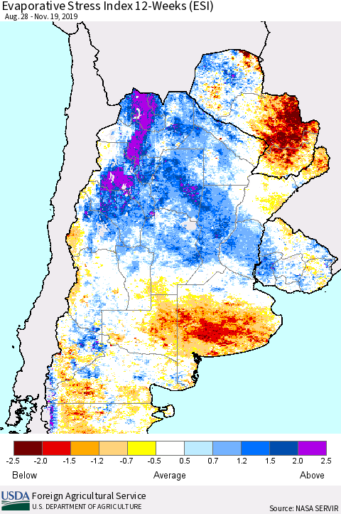Southern South America Evaporative Stress Index (ESI), 12-Weeks Thematic Map For 11/18/2019 - 11/24/2019