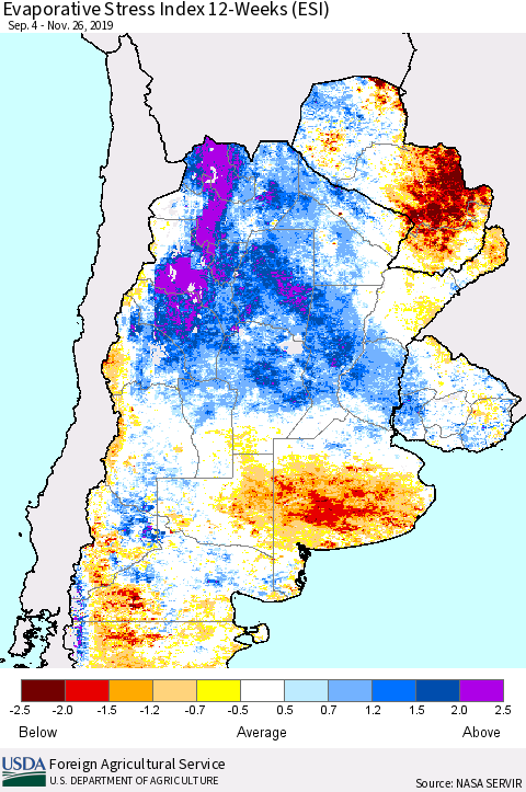 Southern South America Evaporative Stress Index (ESI), 12-Weeks Thematic Map For 11/25/2019 - 12/1/2019