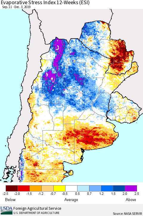 Southern South America Evaporative Stress Index (ESI), 12-Weeks Thematic Map For 12/2/2019 - 12/8/2019