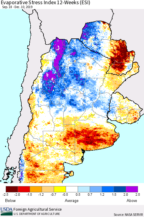 Southern South America Evaporative Stress Index (ESI), 12-Weeks Thematic Map For 12/9/2019 - 12/15/2019
