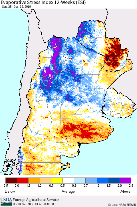 Southern South America Evaporative Stress Index (ESI), 12-Weeks Thematic Map For 12/16/2019 - 12/22/2019