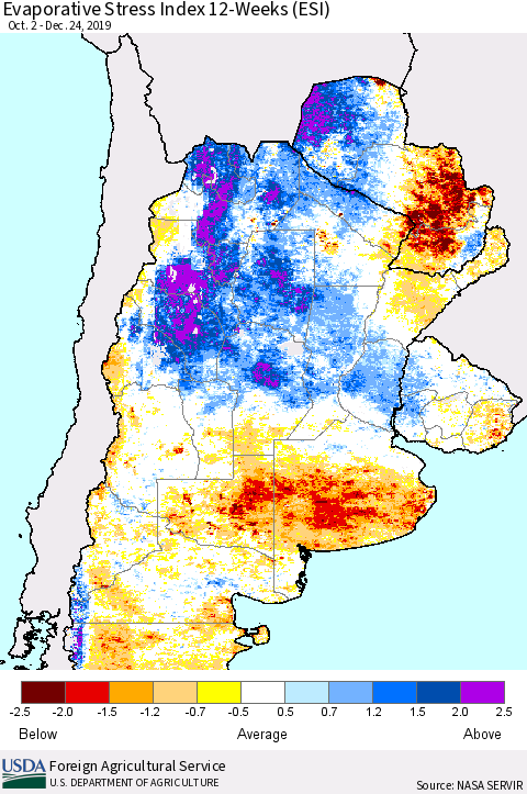 Southern South America Evaporative Stress Index (ESI), 12-Weeks Thematic Map For 12/23/2019 - 12/29/2019