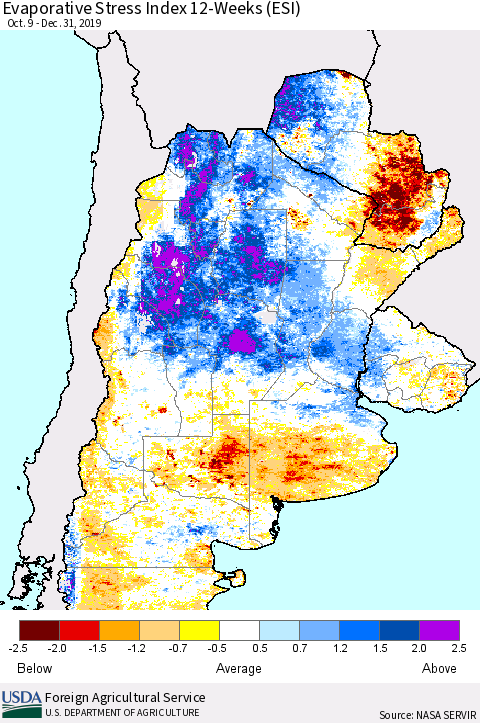 Southern South America Evaporative Stress Index (ESI), 12-Weeks Thematic Map For 12/30/2019 - 1/5/2020