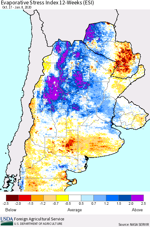 Southern South America Evaporative Stress Index (ESI), 12-Weeks Thematic Map For 1/6/2020 - 1/12/2020