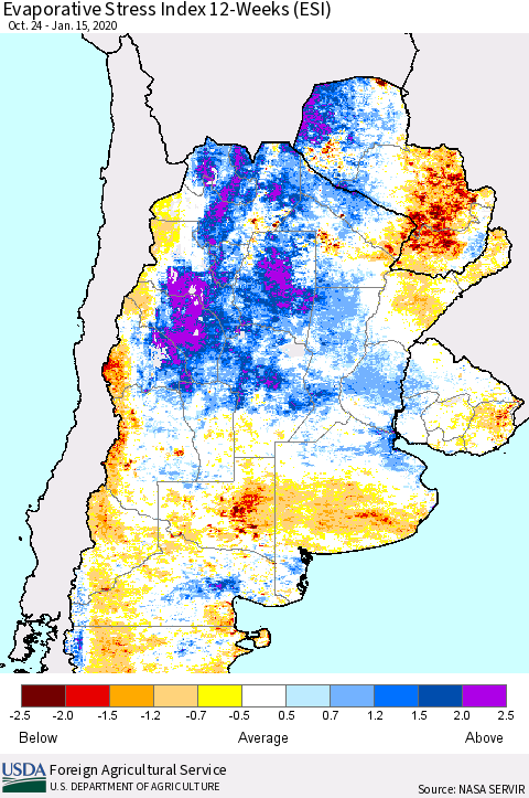 Southern South America Evaporative Stress Index (ESI), 12-Weeks Thematic Map For 1/13/2020 - 1/19/2020