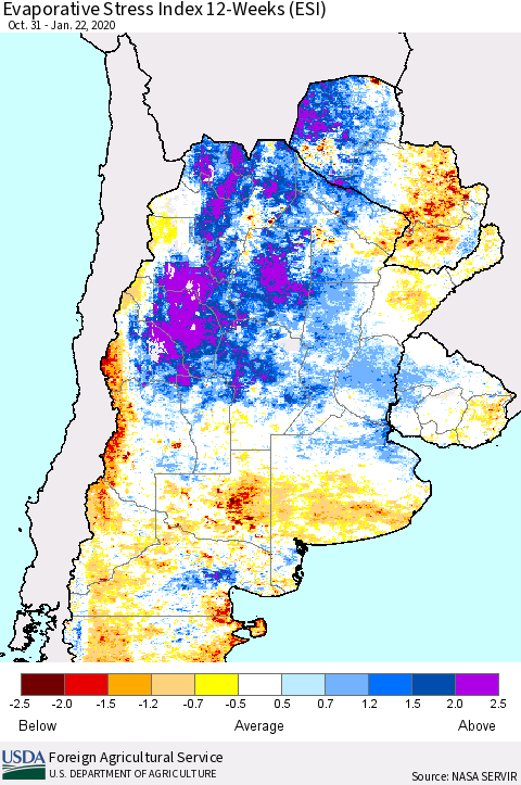 Southern South America Evaporative Stress Index (ESI), 12-Weeks Thematic Map For 1/20/2020 - 1/26/2020