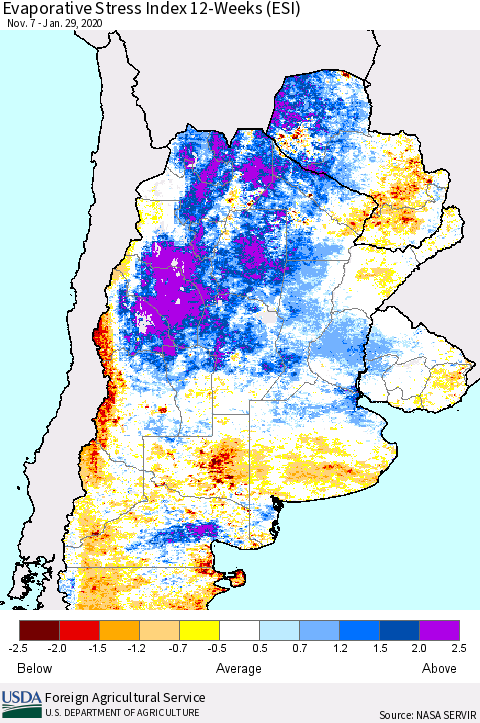 Southern South America Evaporative Stress Index (ESI), 12-Weeks Thematic Map For 1/27/2020 - 2/2/2020