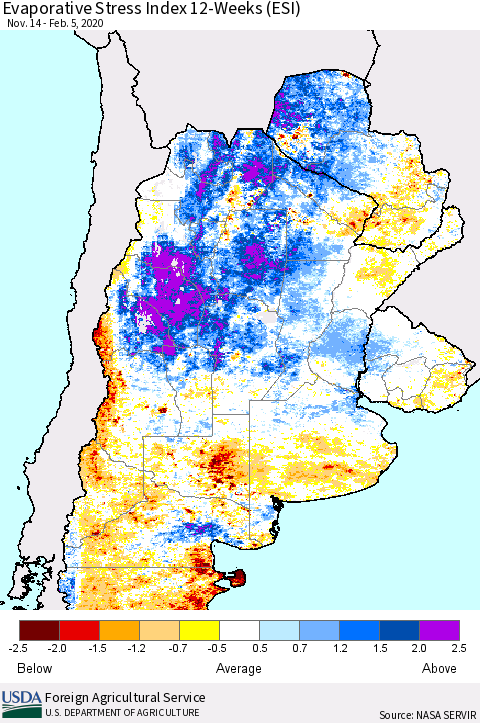 Southern South America Evaporative Stress Index (ESI), 12-Weeks Thematic Map For 2/3/2020 - 2/9/2020