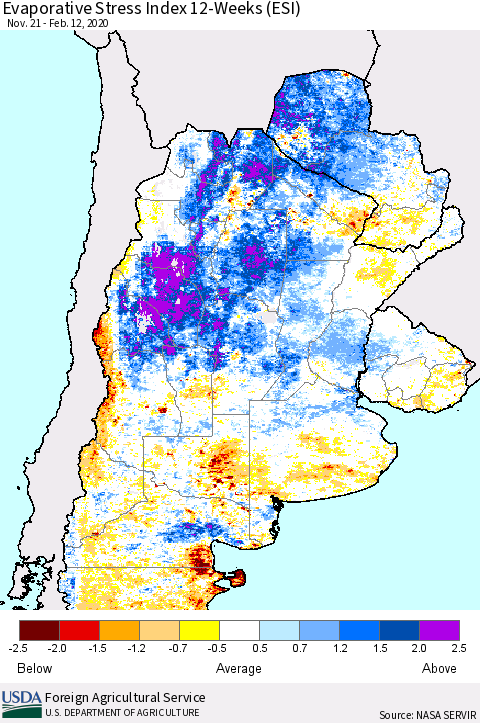 Southern South America Evaporative Stress Index (ESI), 12-Weeks Thematic Map For 2/10/2020 - 2/16/2020