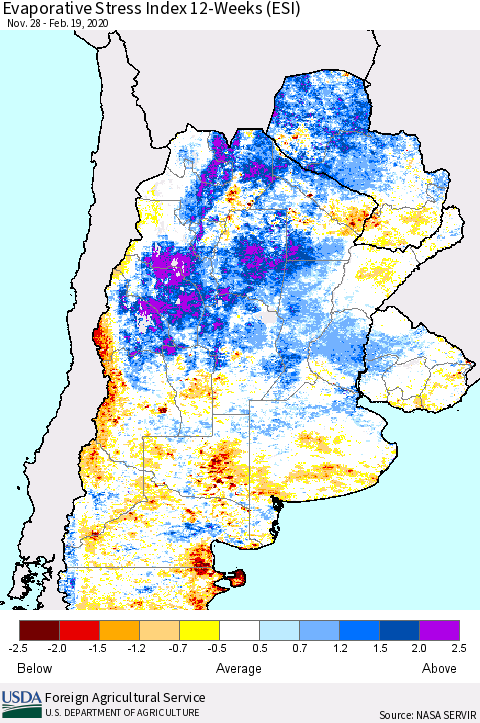 Southern South America Evaporative Stress Index (ESI), 12-Weeks Thematic Map For 2/17/2020 - 2/23/2020