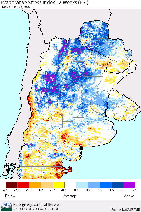 Southern South America Evaporative Stress Index (ESI), 12-Weeks Thematic Map For 2/24/2020 - 3/1/2020